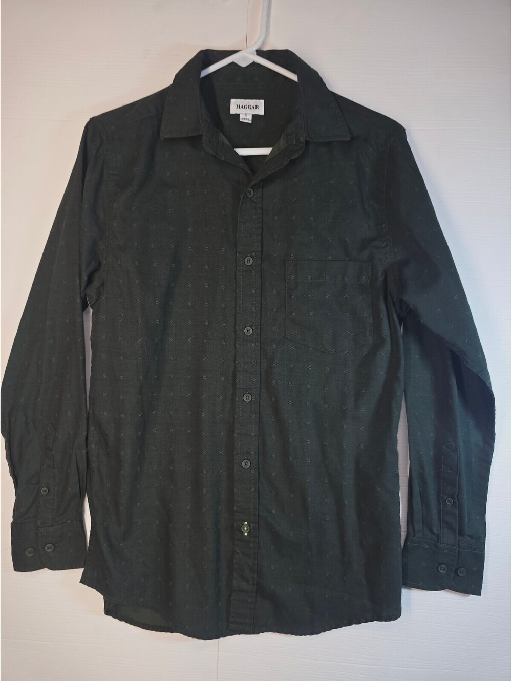 Haggar Mens Small Button Front Shirt Black Micro Diamond Geometric Long Sleeve